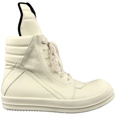Men's RICK OWENS Size 12 Cream Leather 'Geobasket High' High Top Sneakers