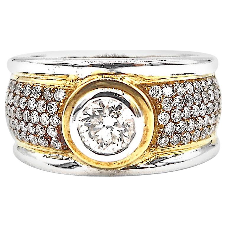 Men's Ring 2-Tone 18 Karat White and Yellow Gold Step Edge Diamond Band Ring For Sale