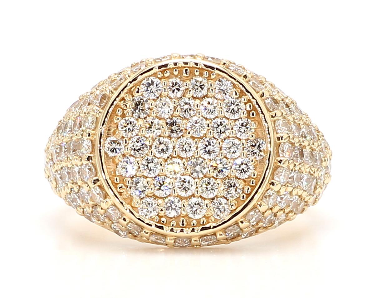 Ring

2.37 Ct Total Weight in White Round Brilliant Diamonds (123 pc)

14K Yellow Gold, 8.5 Grams of Gold

Ring size is 8 (re-sizing can be done)