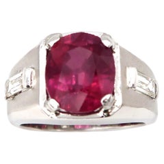 Retro Men's Ring 6 Carat Oval Ruby Flanked by Baguette Diamonds Matte Finish 14K Gold