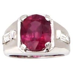 Men's Ring 6 Carat Oval Ruby Flanked by Baguette Diamonds Matte Finish 14K Gold