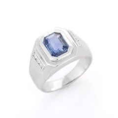 Statement Blue Sapphire and Diamond Men's Wedding Ring 18k White Gold