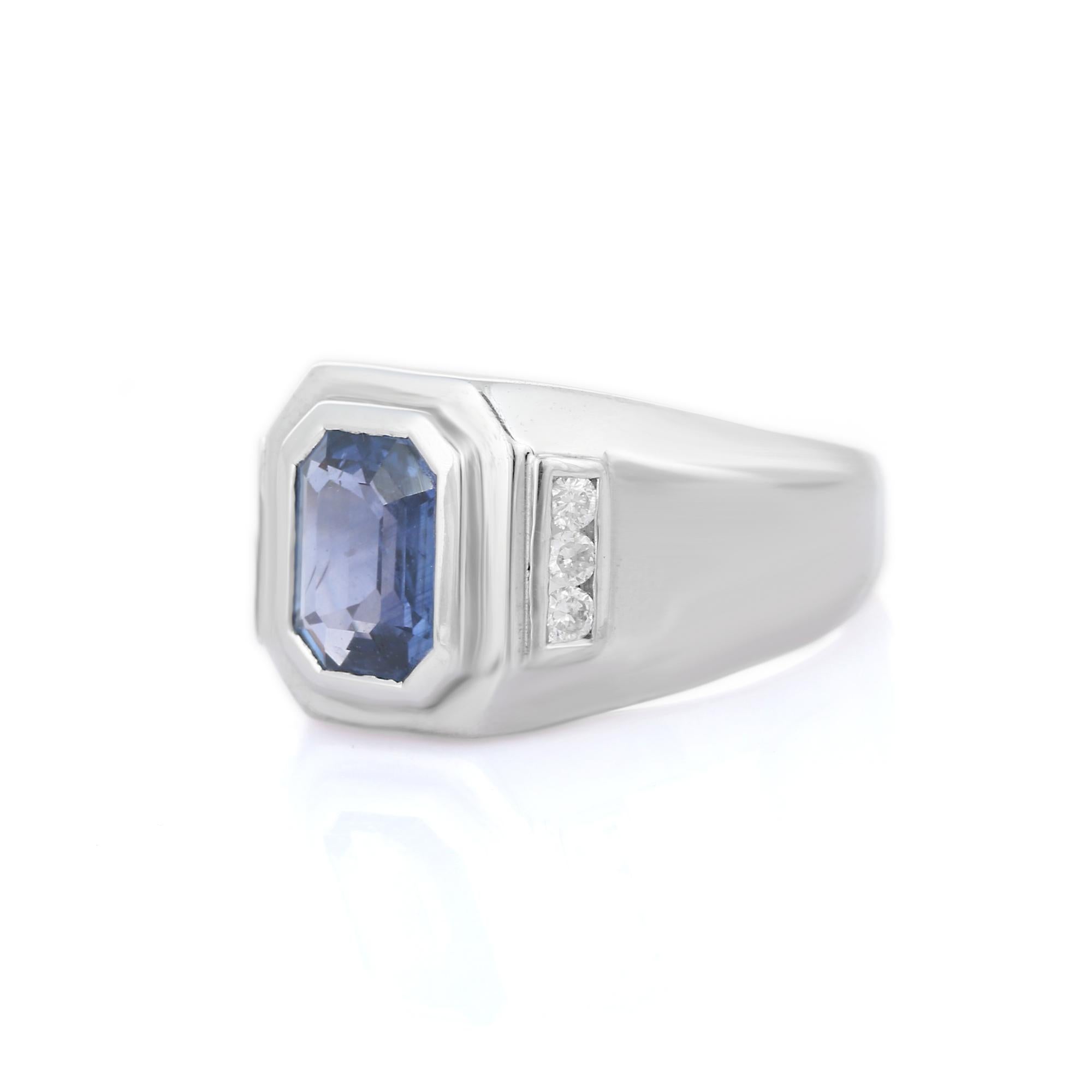 En vente :  Anneau de mariage pour homme en or blanc 18k avec saphir bleu et diamant 4