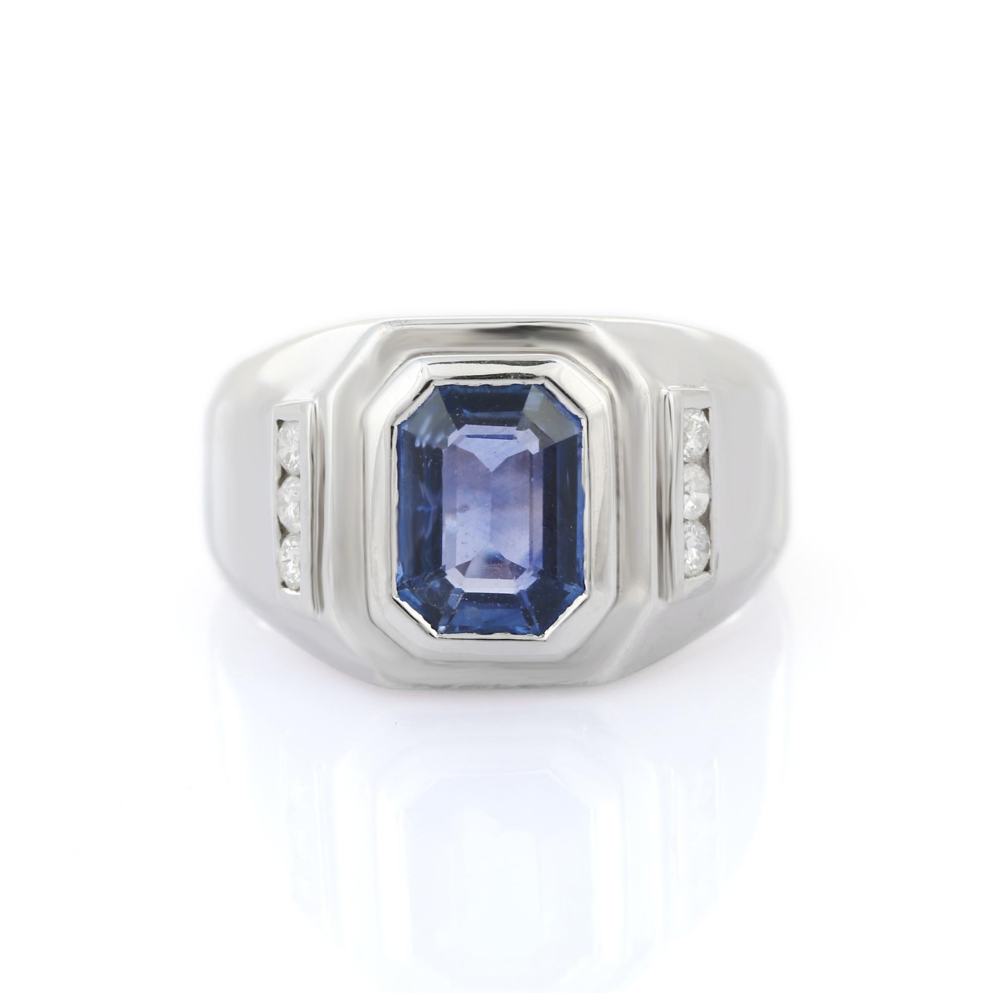 En vente :  Anneau de mariage pour homme en or blanc 18k avec saphir bleu et diamant 5