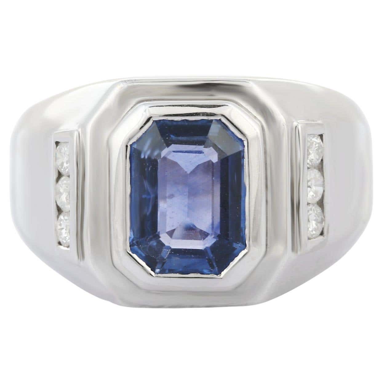 Customizable Statement Solid 18k White Gold Octagon Blue Sapphire ...