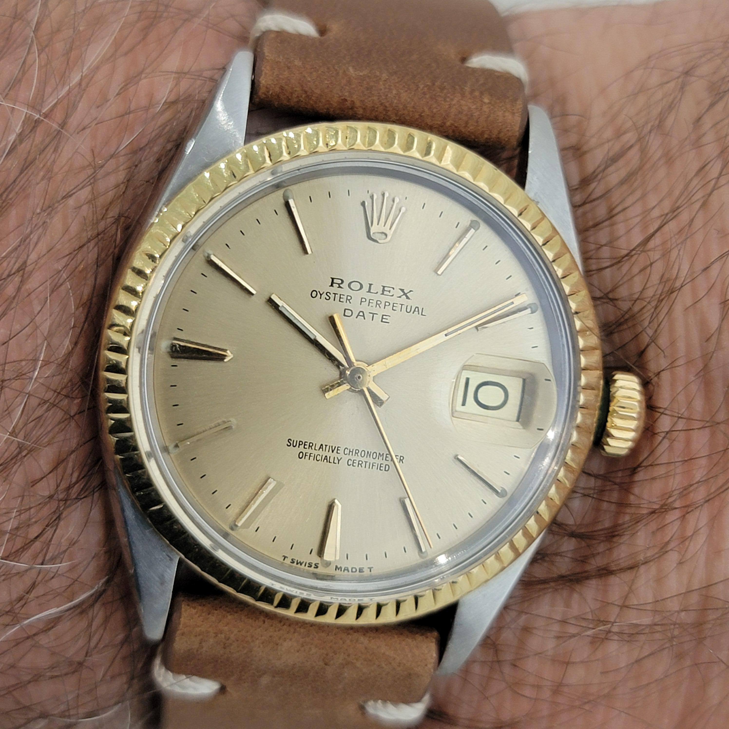 Mens Rolex 1500 Oyster Perpetual Date 14k Gold ss 1960s Automatic Vintage RA168B en venta 9