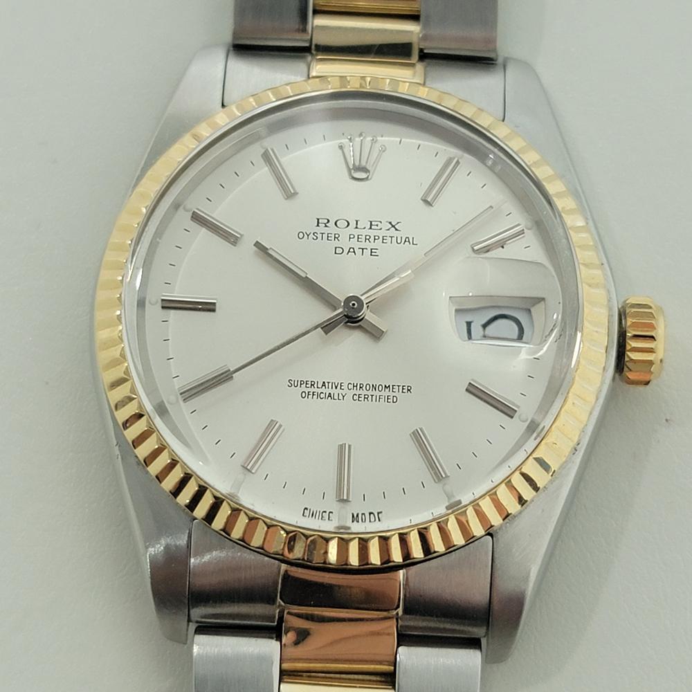 Timeless classic, Men's Rolex Oyster Perpetual Date Ref 1500 automatic with 14k solid gold bezel, c.1978, in excellent working condition. Verified authentic by a master watchmaker. Gorgeous Rolex signed silver dial, applied gold index hour markers,