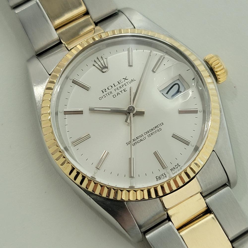 Mens Rolex Oyster Perpetual Date Ref 1500 35mm 14k SS 1970s Automatic RA448 In Excellent Condition For Sale In Beverly Hills, CA