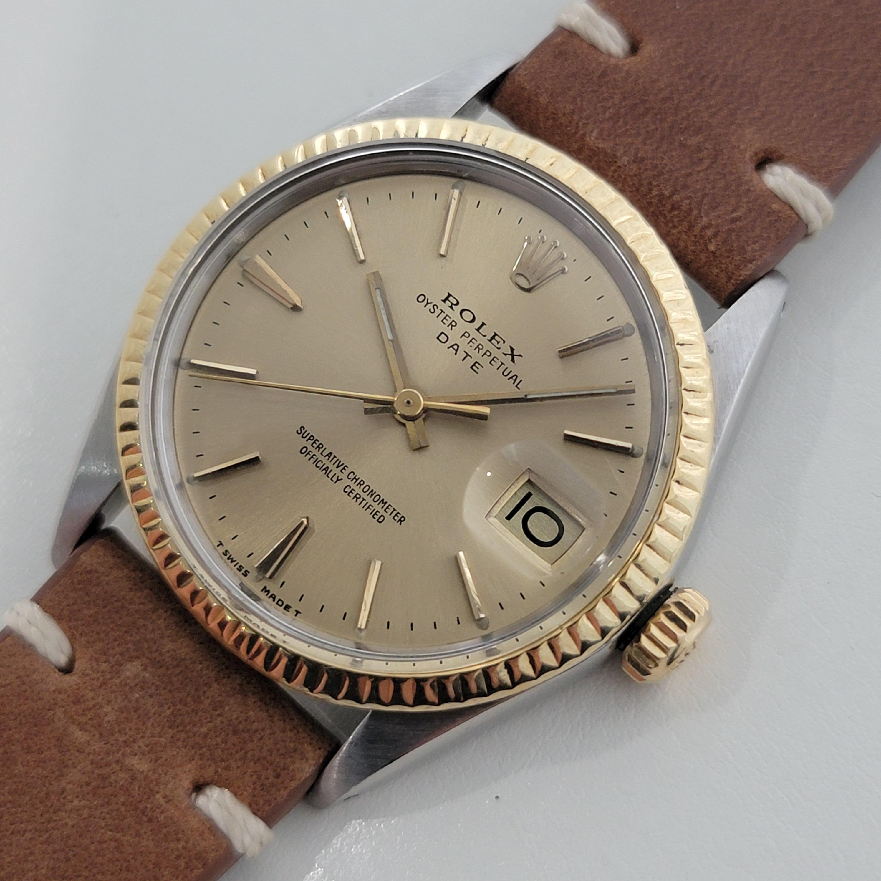 Mens Rolex 1500 Oyster Perpetual Date 14k Gold ss 1960s Automatic Vintage RA168B en Excelente estado para la venta en Beverly Hills, CA