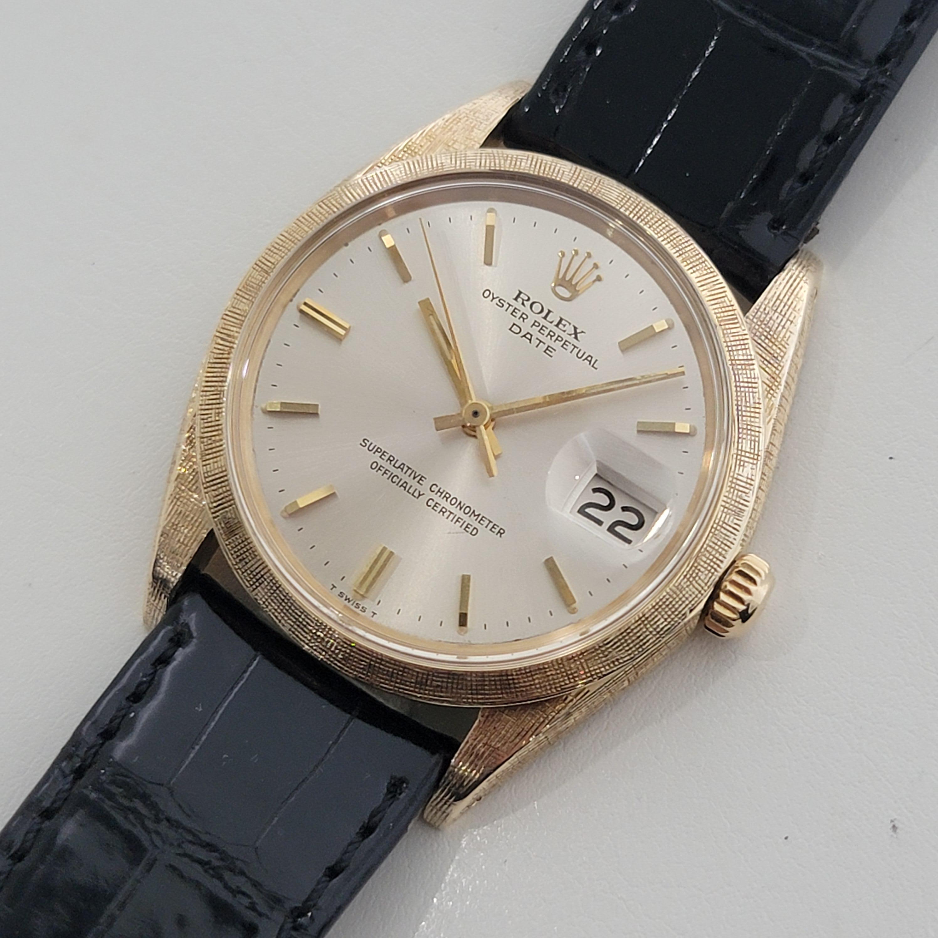 Mens Rolex 1500 Oyster Perpetual Date 35mm 14K Gold Automatic 1960s Swiss RA267 en Excelente Estado en Beverly Hills, CA