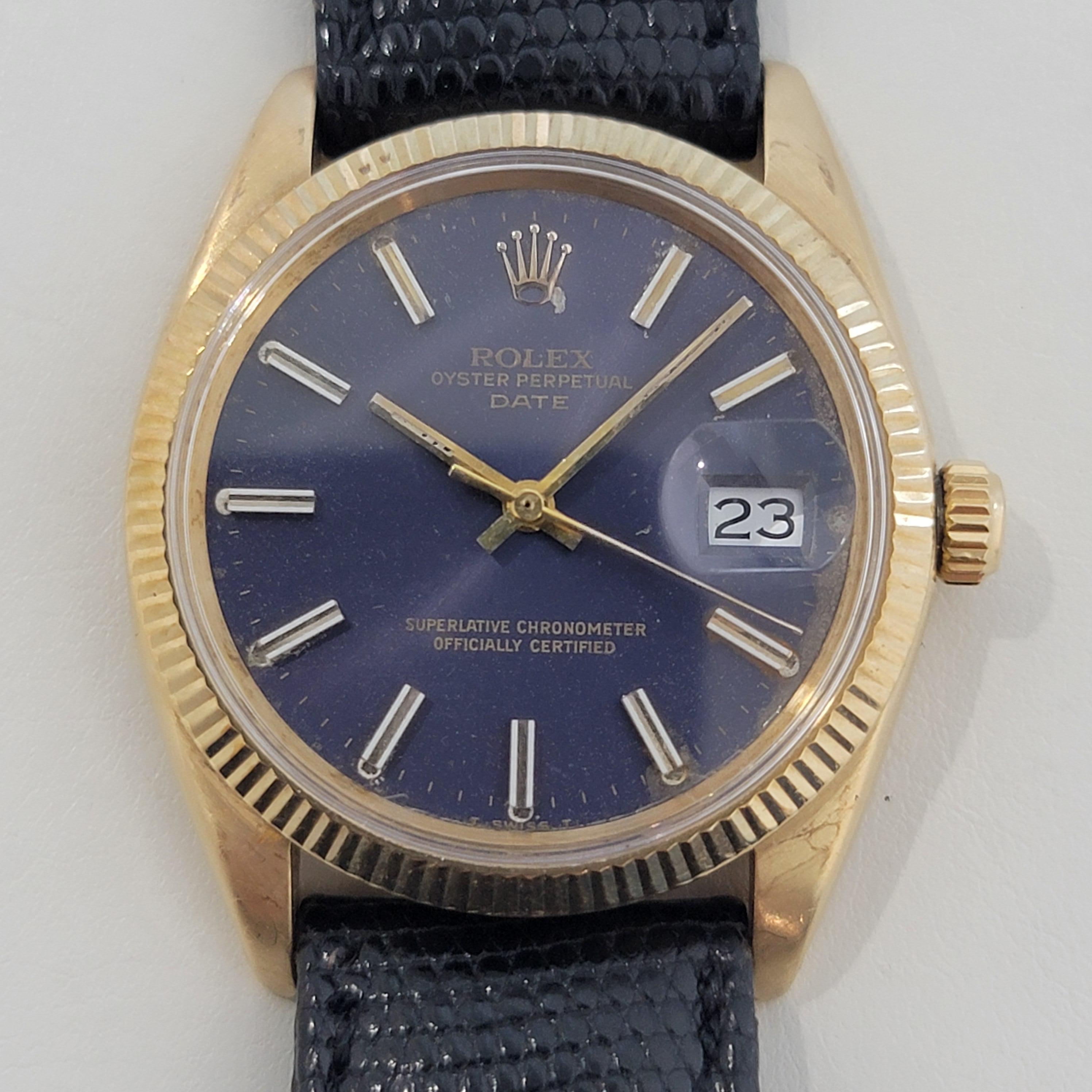 Timeless luxury, Men's Rolex Oyster Perpetual Date ref.1503 solid 14k gold automatic, c.1968, all original. Verified authentic by a master watchmaker. Gorgeous Rolex signed blue dial, applied gold indice hour markers, gilt minute and hour hands,