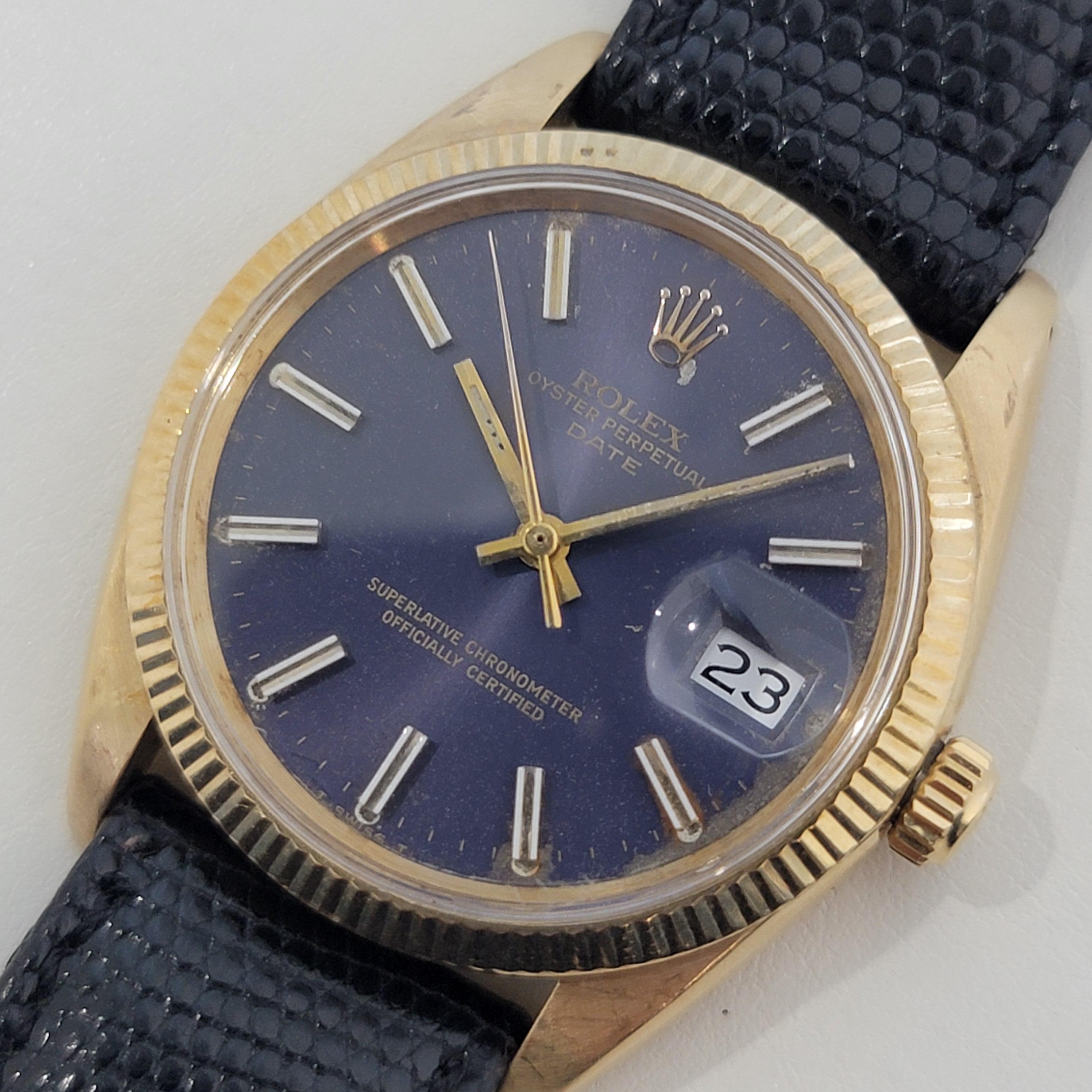 Mens Rolex 1503 Oyster Perpetual Date 35mm 14k Solid Gold Automatic 1960s RA264 In Excellent Condition In Beverly Hills, CA
