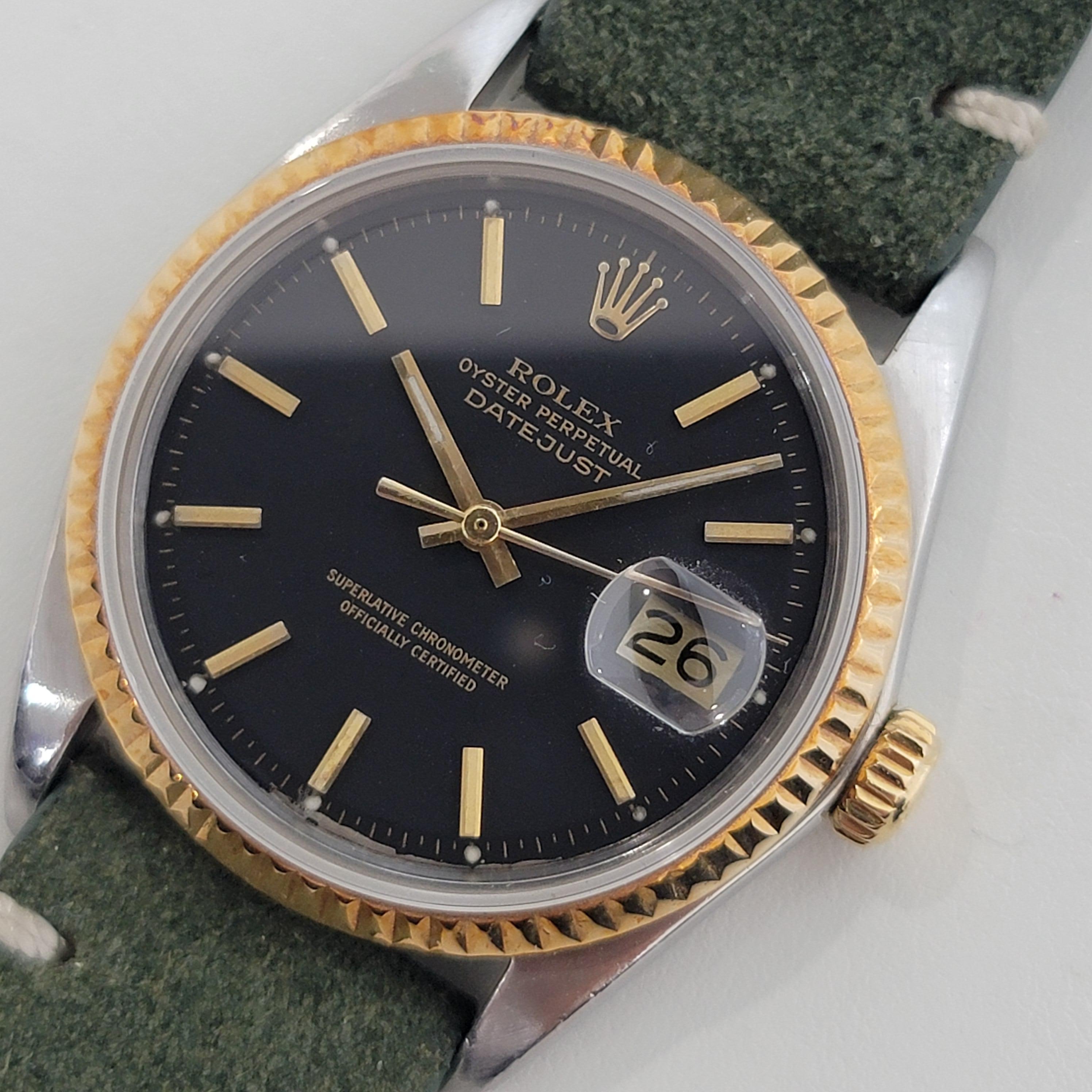 Timeless icon, Men's 18k gold & stainless steel Rolex Oyster Perpetual Datejust Ref.1601 automatic, c.1966. Verified authentic by a master watchmaker. Gorgeous Rolex signed black dial, applied gold indice hour markers, gilt minute and hour hands,