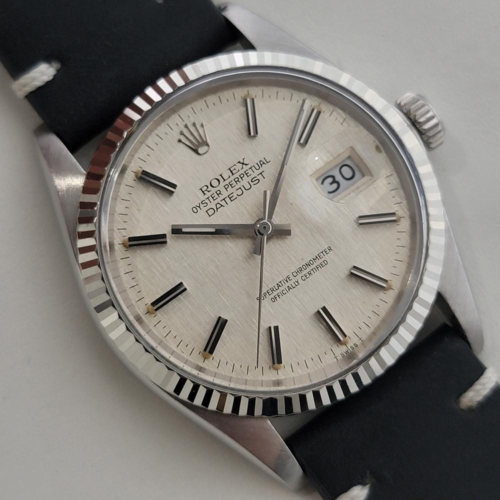 Timeless icon, Men's 18k white gold and stainless steel Rolex Oyster Perpetual 16014 Datejust automatic, c.1981, in excellent working condition. Verified authentic by a master watchmaker. Gorgeous Rolex iconic linen dial, applied baton index hour