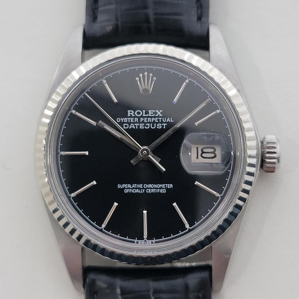 Timeless icon, Men's 18k white gold and stainless steel Rolex Oyster Perpetual 16014 Datejust automatic, c.1979, in excellent working condition. Verified authentic by a master watchmaker. Gorgeous Rolex signed black dial, applied baton index hour