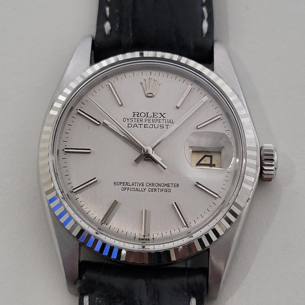 Iconic classic, Men's 18k white gold and stainless steel Rolex Oyster Perpetual Ref.16014 Datejust automatic, c.1979, in excellent working condition. Verified authentic by a master watchmaker. Gorgeous Rolex signed silver dial, applied baton index