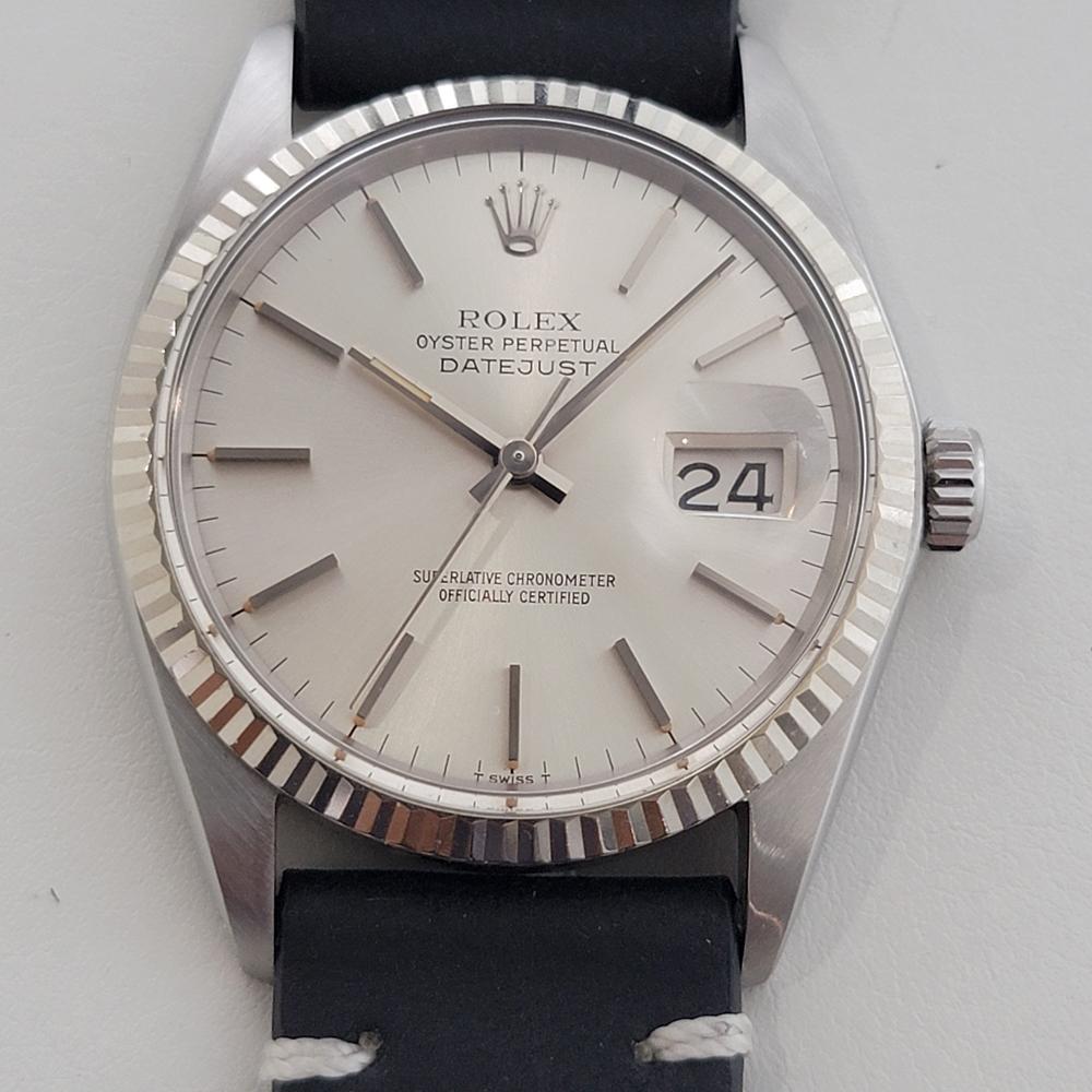 Clásico icónico, Rolex Oyster Perpetual Datejust Ref.16014 automático de hombre, de oro blanco de 18 quilates y acero inoxidable, c.1978, en excelente estado de funcionamiento. Verificado auténtico por un maestro relojero. Preciosa esfera plateada