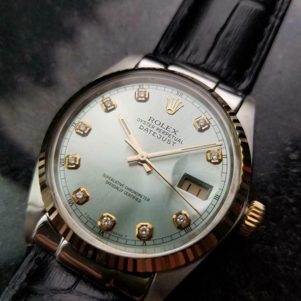 Timeless icon, men's Rolex Oyster Perpetual Datejust ref.16014 automatic, c.1979. Verified authentic by a master watchmaker. Stunning Rolex signed sky blue dial, applied diamond on gold base hour markers, minute and hour hands, sweeping central