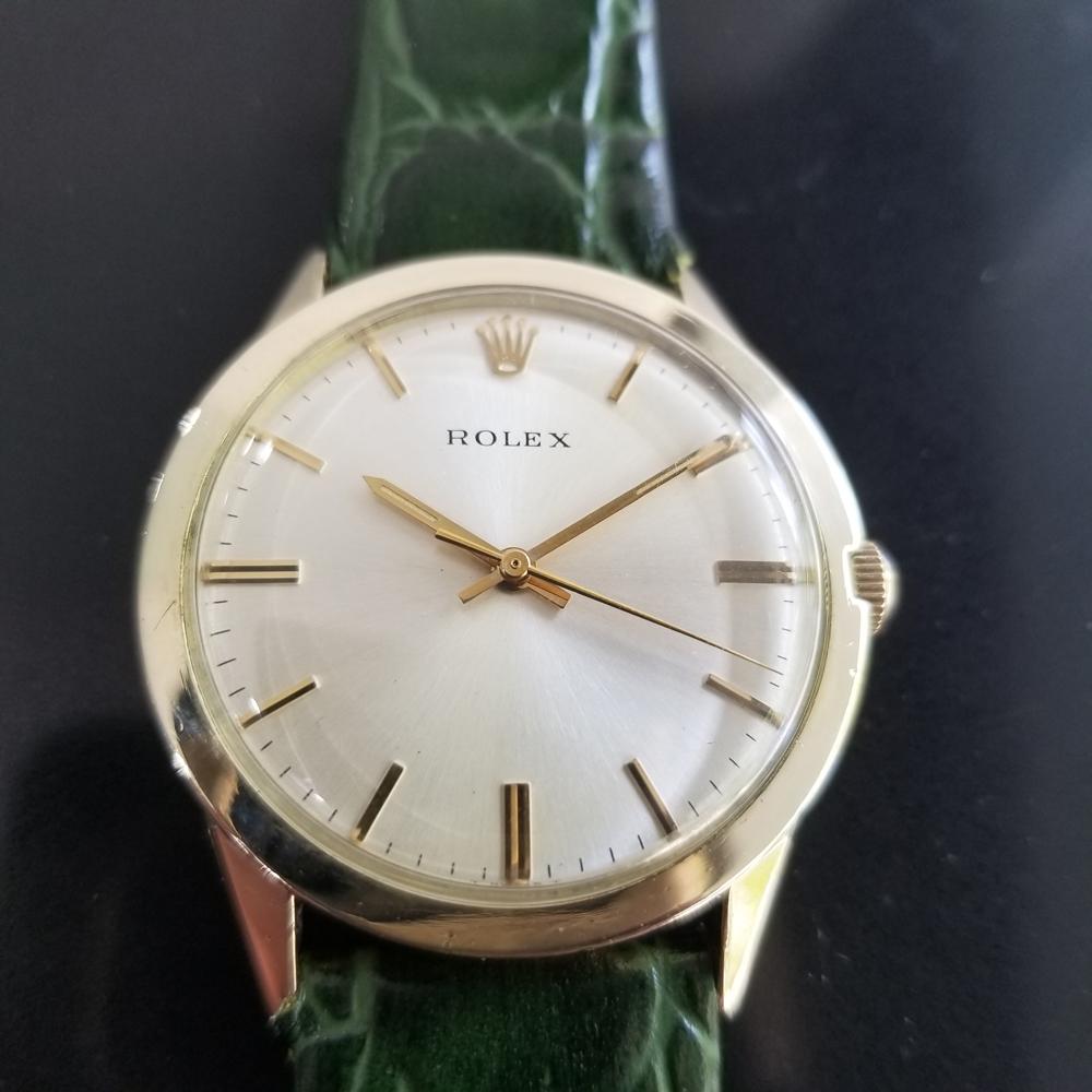 Luxurious classic, Men's Rolex Presentation ref.7002 automatic 14k gold-filled dress watch, c.1971 with original box and paper. Verified authentic by a master watchmaker. Gorgeous Rolex signed dial, applied indice hour markers, gilt minute and hour