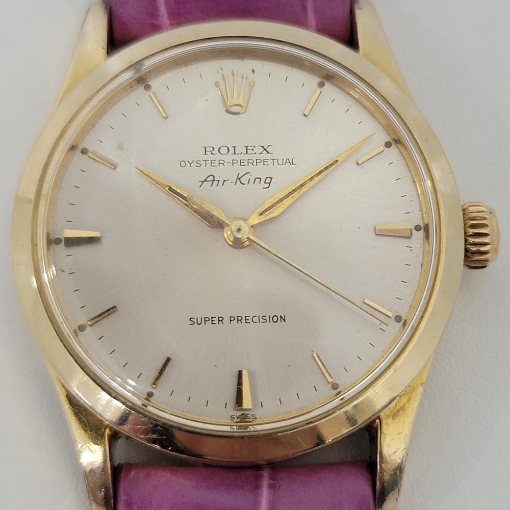 Timeless classic, Men's Rolex Oyster Perpetual Air-King Ref.5506 gold-capped automatic, c.1960. Verified authentic by a master watchmaker. Gorgeous silver Rolex signed dial, applied indice hour markers, gilt minute and hour hands, sweeping central