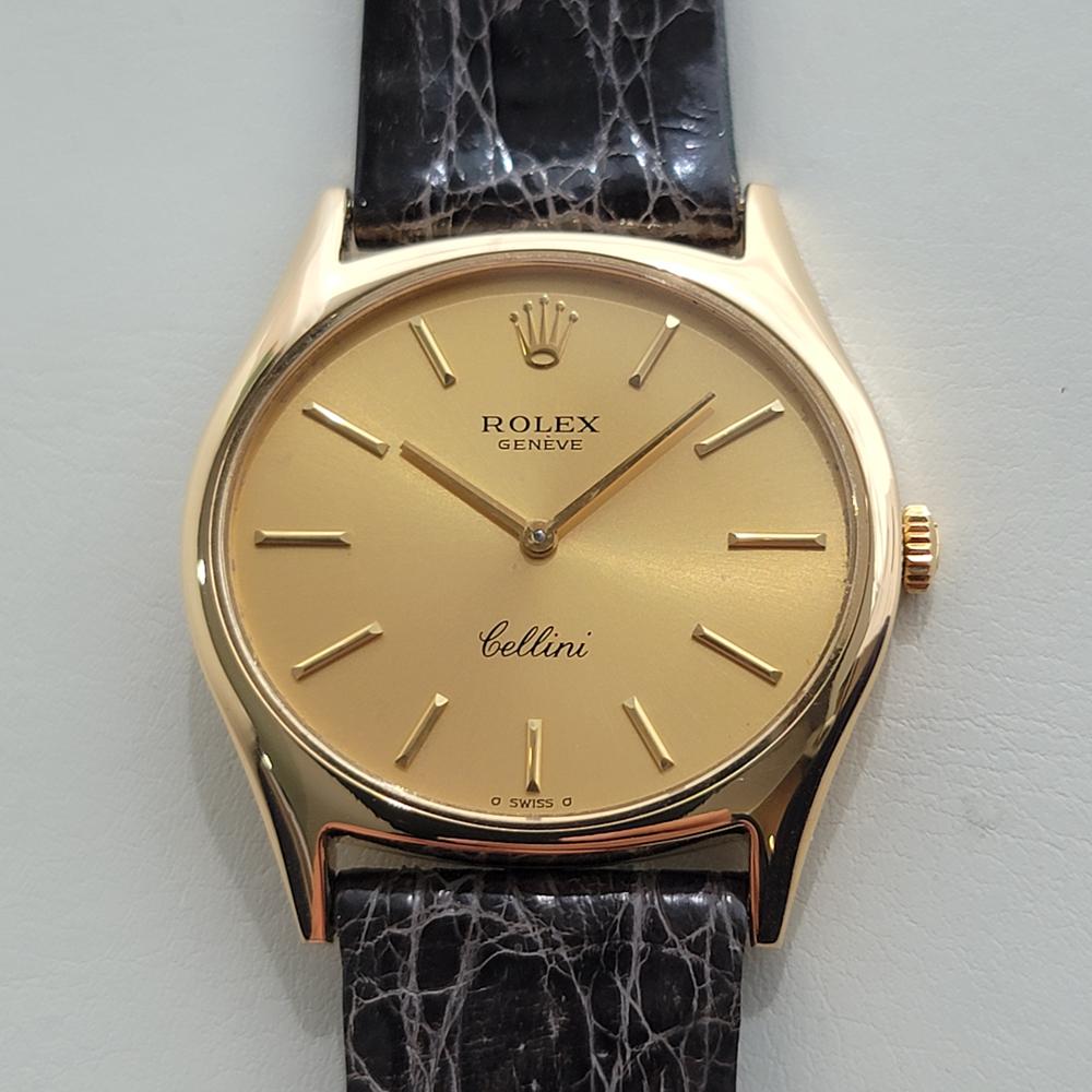 Luxurious classic, Men's 18K solid gold Rolex Cellini 3806 manual wind dress watch, c.1974, in excellent working condition. Verified authentic by a master watchmaker. Gorgeous Geneve-hallmarked Rolex signed dial, applied gold baton index hour