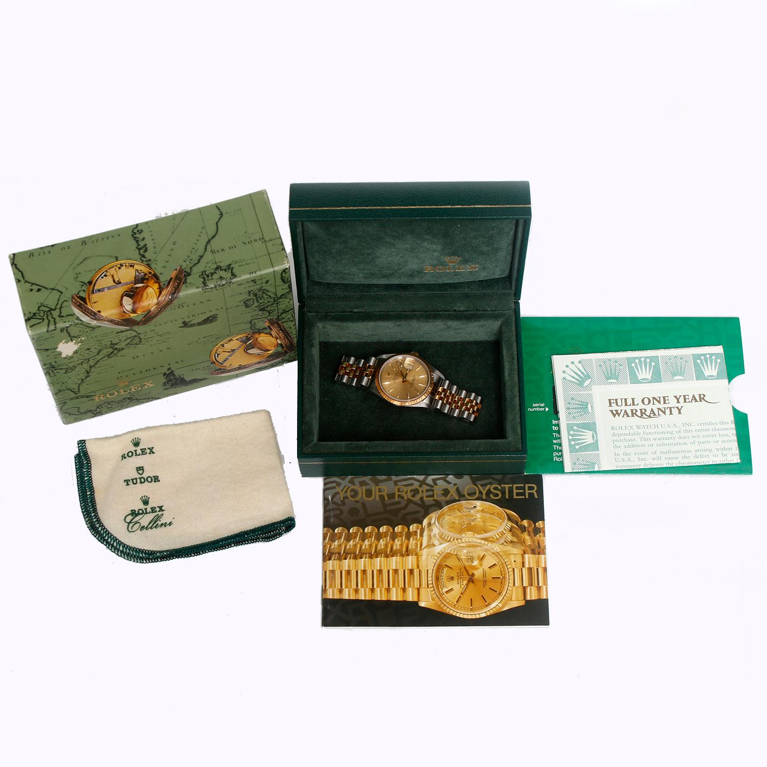 Men's Rolex Date 2-Tone  Stainless Steel & Gold Watch 15223 - Automatic winding, 31 jewels, Quickset, sapphire crystal. Stainless steel case with 18k yellow gold fluted bezel (34mm diameter). Champagne dial with stick hour markers. Stainless steel