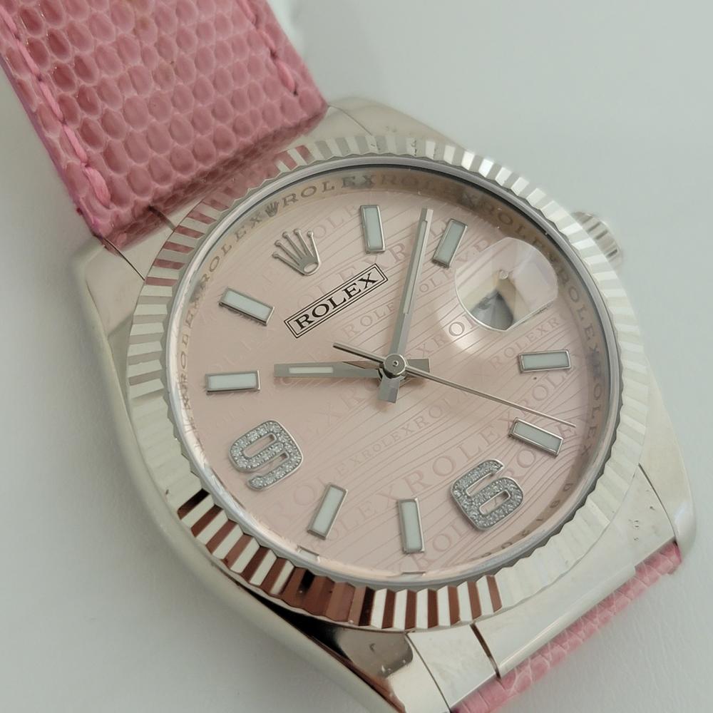 A timeless classic, Men's solid 18k white gold Rolex Oyster Perpetual Datejust Ref.116139 automatic special pink dial, c.2006, all original. Verified authentic by a master watchmaker. Gorgeous original Rolex signed special pink dial, applied indice