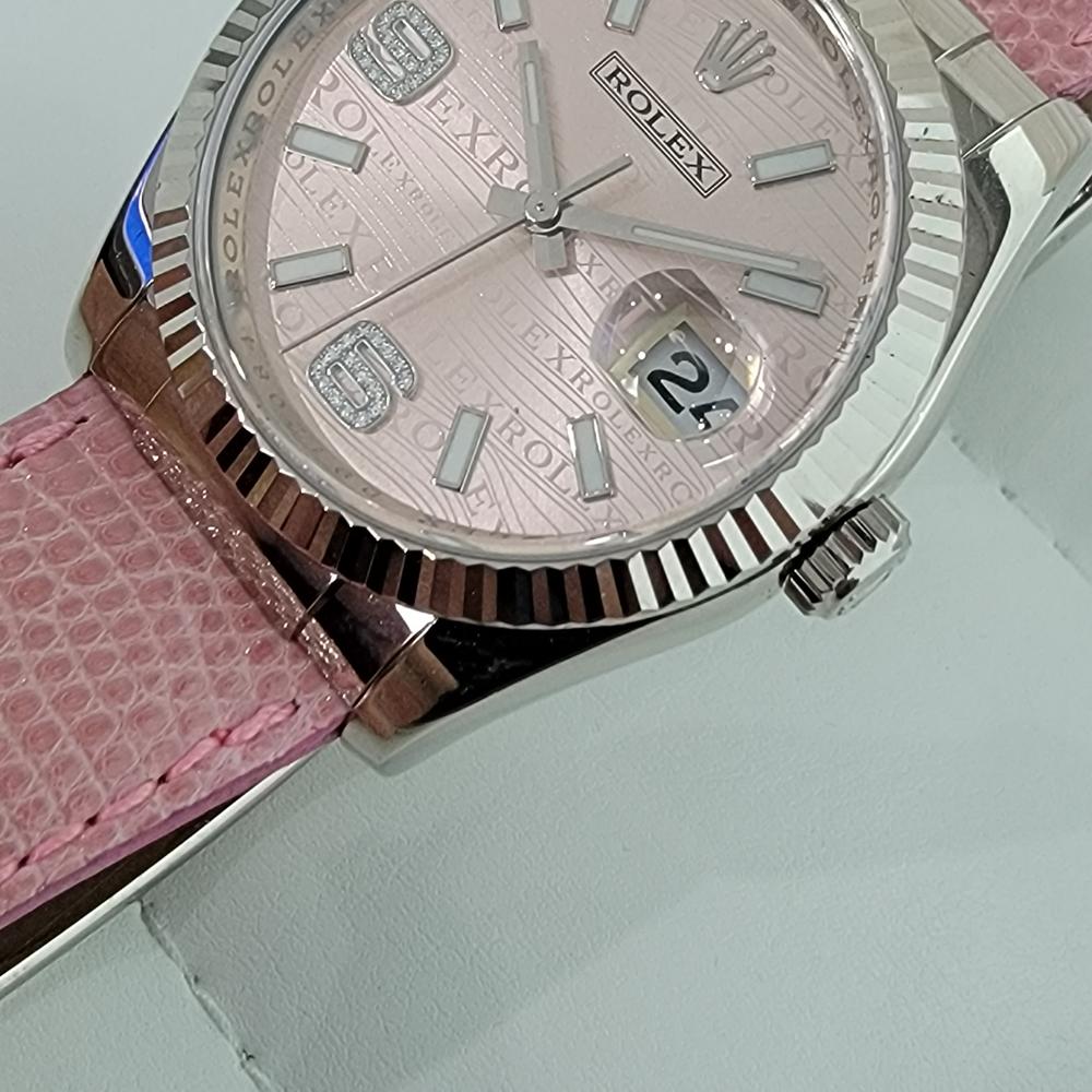 Mens Rolex Datejust 116139 18k Solid White Gold Special Pink Dial 2000s RJC108 In Excellent Condition For Sale In Beverly Hills, CA