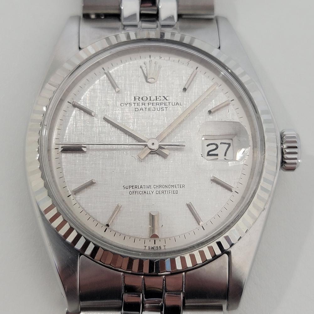 Icone intemporelle avec un rare et magnifique cadran en lin, Rolex Oyster Datejust ref.1601 automatique en or blanc 18k et acier inoxydable pour homme, c.1973, entièrement d'origine, en excellent état de marche. Vérifié authentique par un maître