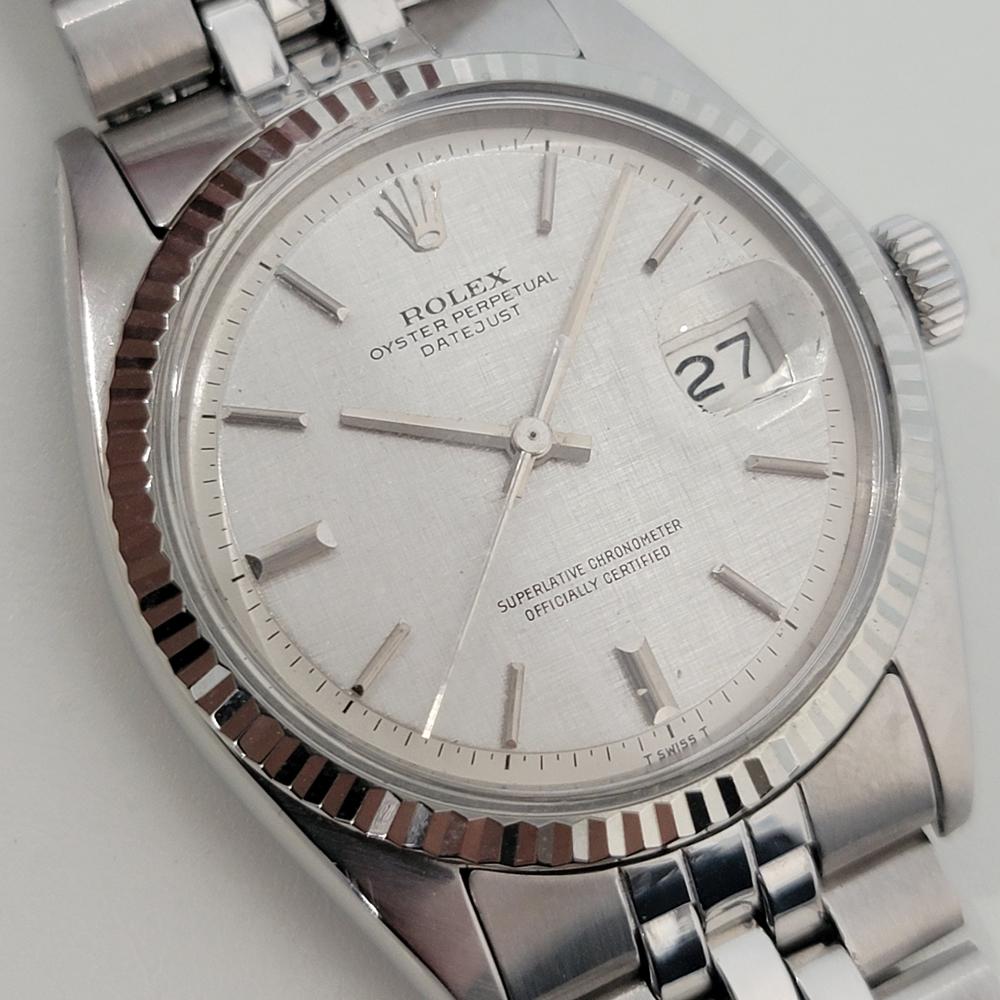 Rolex Montre Datejust 1601 36 mm en or blanc 18 carats avec cadran en lin SS automatique, années 1970 NA143 Excellent état à Beverly Hills, CA