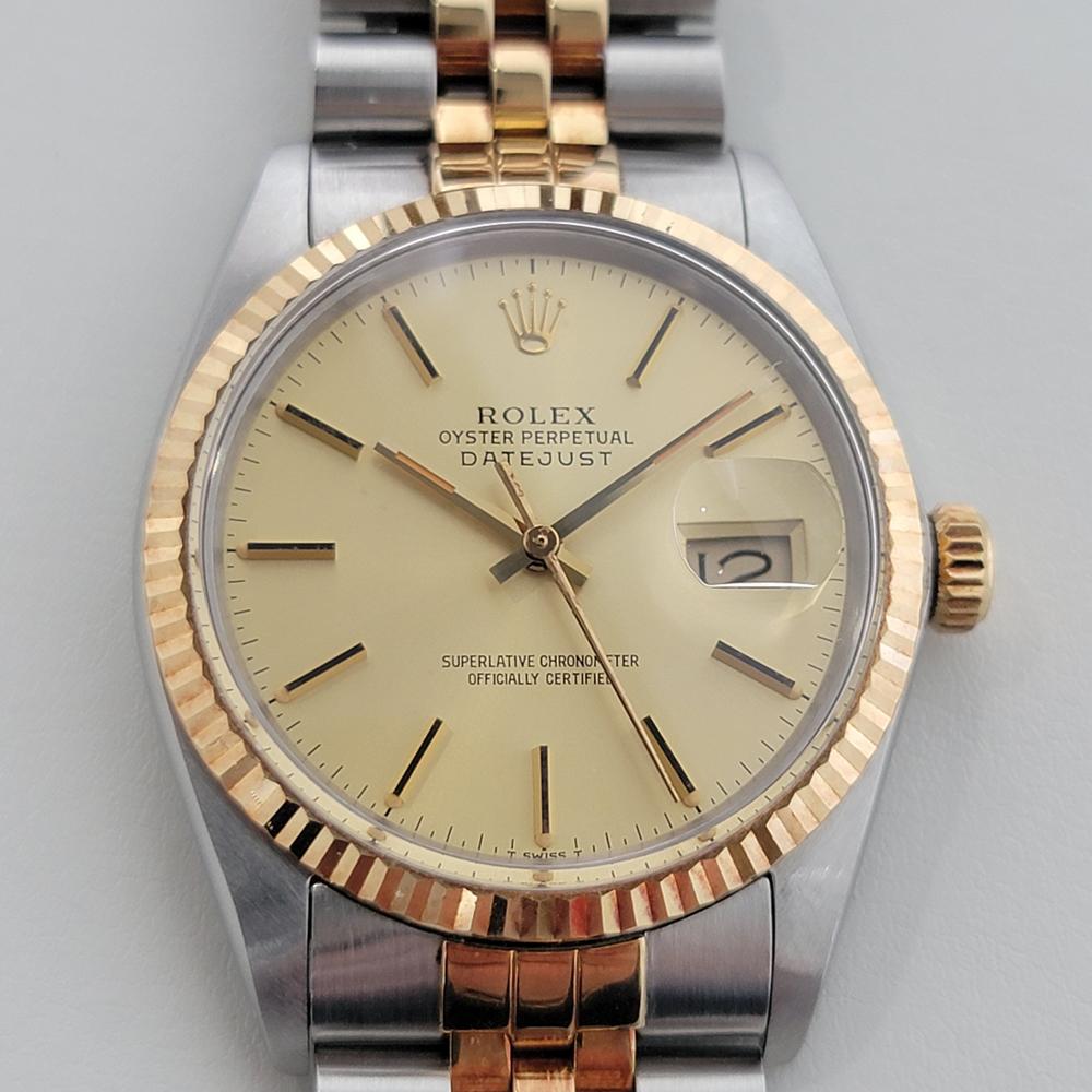Timeless icon, Men's rare 18k gold and stainless steel Rolex Oyster Perpetual Datejust Ref.16013 tricolor automatic, c.1985, all original. Verified authentic by a master watchmaker. Gorgeous Rolex signed gold dial, applied indice hour markers, gilt