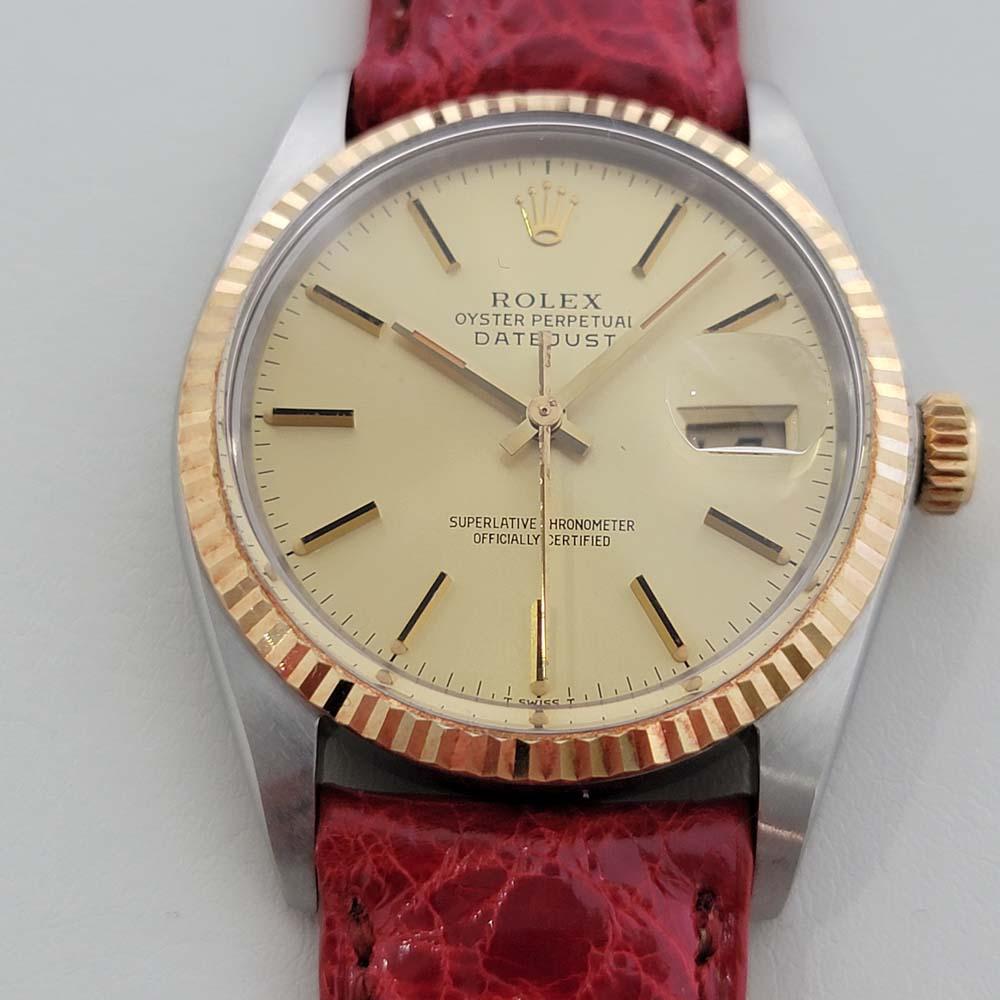 A classic icon, Men's 18k rose gold and stainless steel Rolex Oyster Perpetual Datejust Ref.16013 automatic, c.1980s. Verified authentic by a master watchmaker. Gorgeous Rolex signed gold dial, applied indice hour markers, gilt minute and hour