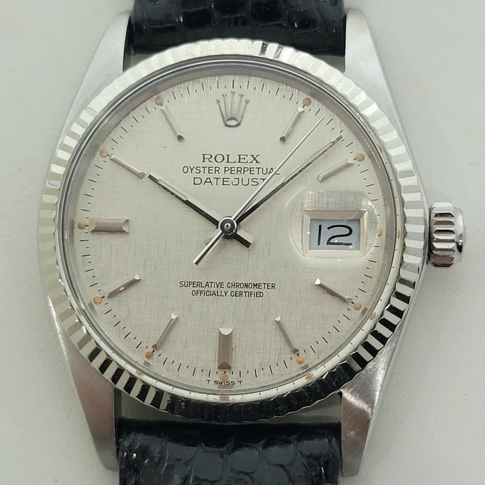 Timeless icon, Men's 18k white gold and stainless steel Rolex Oyster Perpetual Datejust Ref.16014 automatic, c.1979, in excellent working condition. Verified authentic by a master watchmaker. Iconic Rolex signed linen dial, applied baton index hour