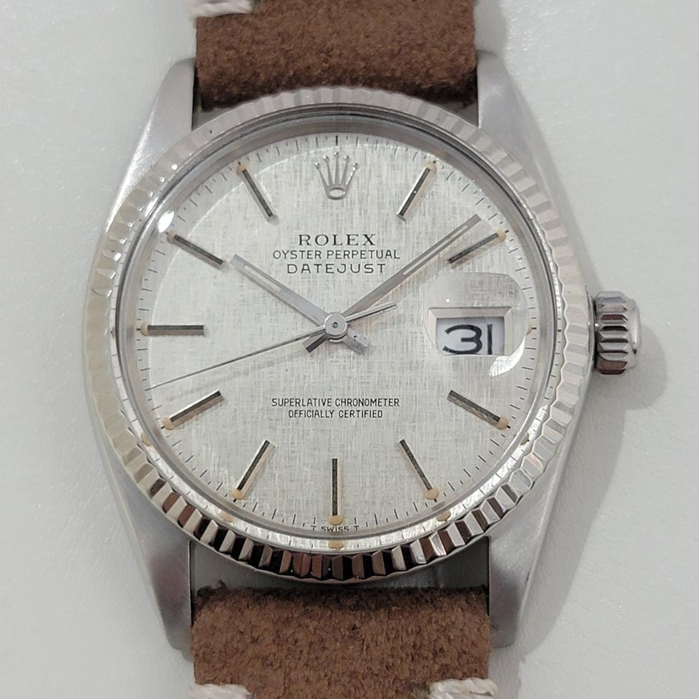 Timeless icon, Rolex's iconic Oyster Perpetual Datejust Ref.16014 automatic with 18k white gold bezel on stainless steel, c.1983, in excellent working condition. Verified authentic by a master watchmaker. Rolex signed classic linen dial, applied