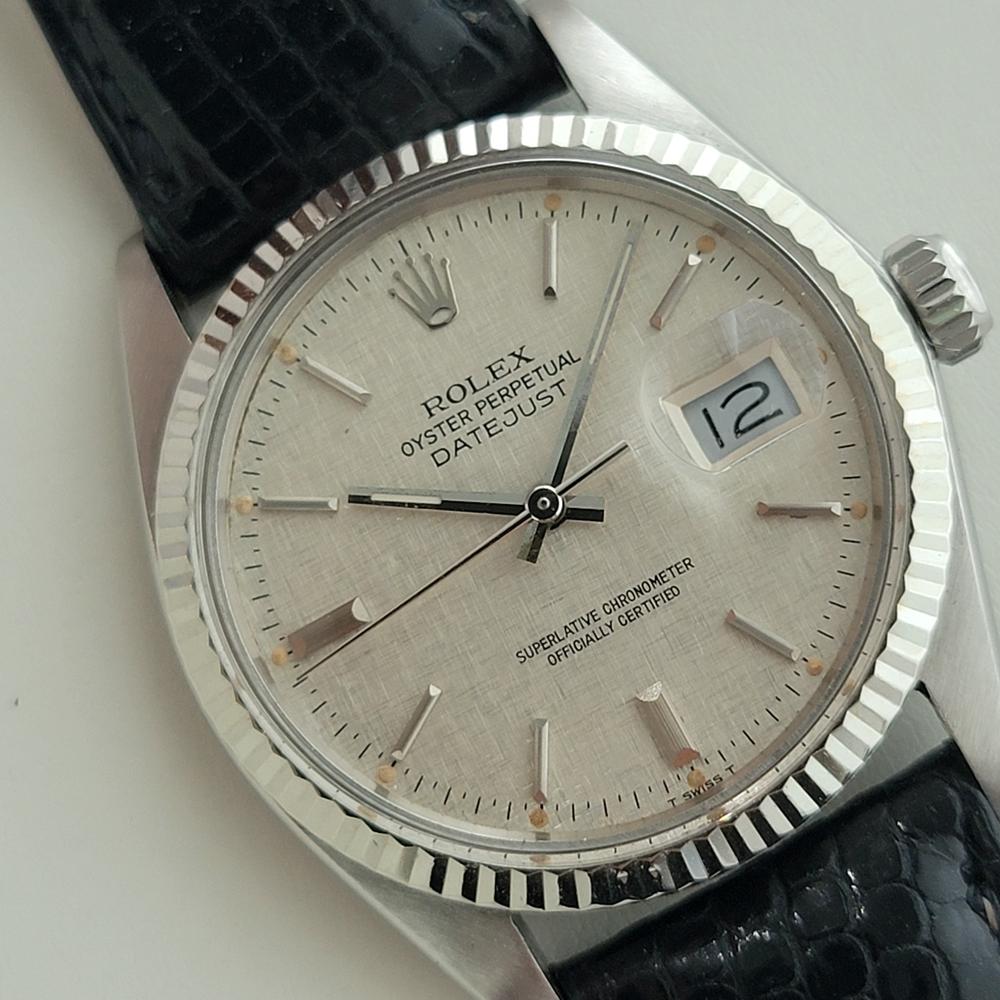 Mens Rolex Datejust 16014 36mm 18k Gold SS Linen Dial Automatic 1970s  RA485B In Excellent Condition For Sale In Beverly Hills, CA