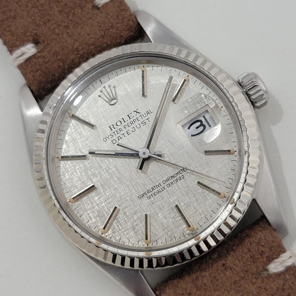 Mens Rolex Datejust 16014 36mm 18k Gold SS Linen Dial Automatic 1970s RA484B In Excellent Condition In Beverly Hills, CA