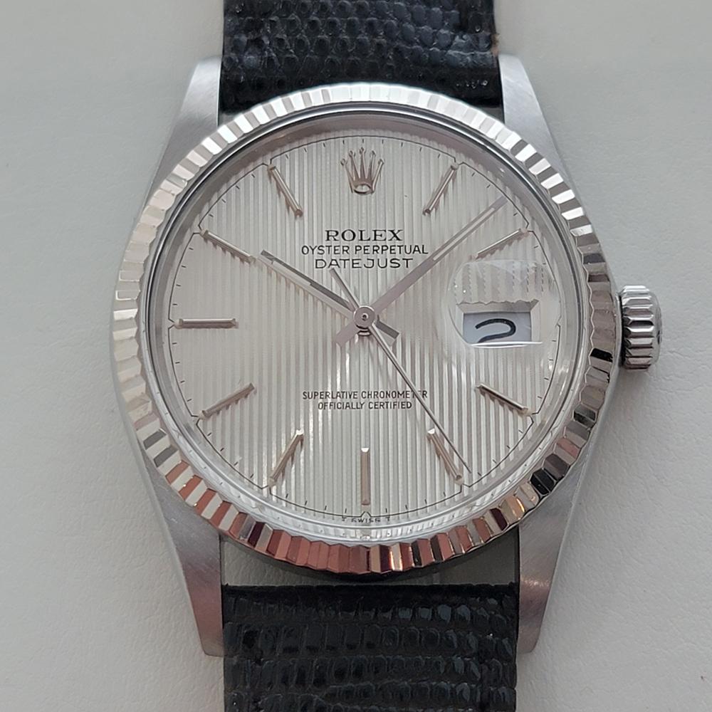 Iconic classic, Rolex's Oyster Perpetual Ref. 16014 Datejust tapestry dial automatic, c.1987, in excellent working condition. Verified authentic by a master watchmaker. Rolex signed tapestry dial, applied baton index hour markers, lumed silver