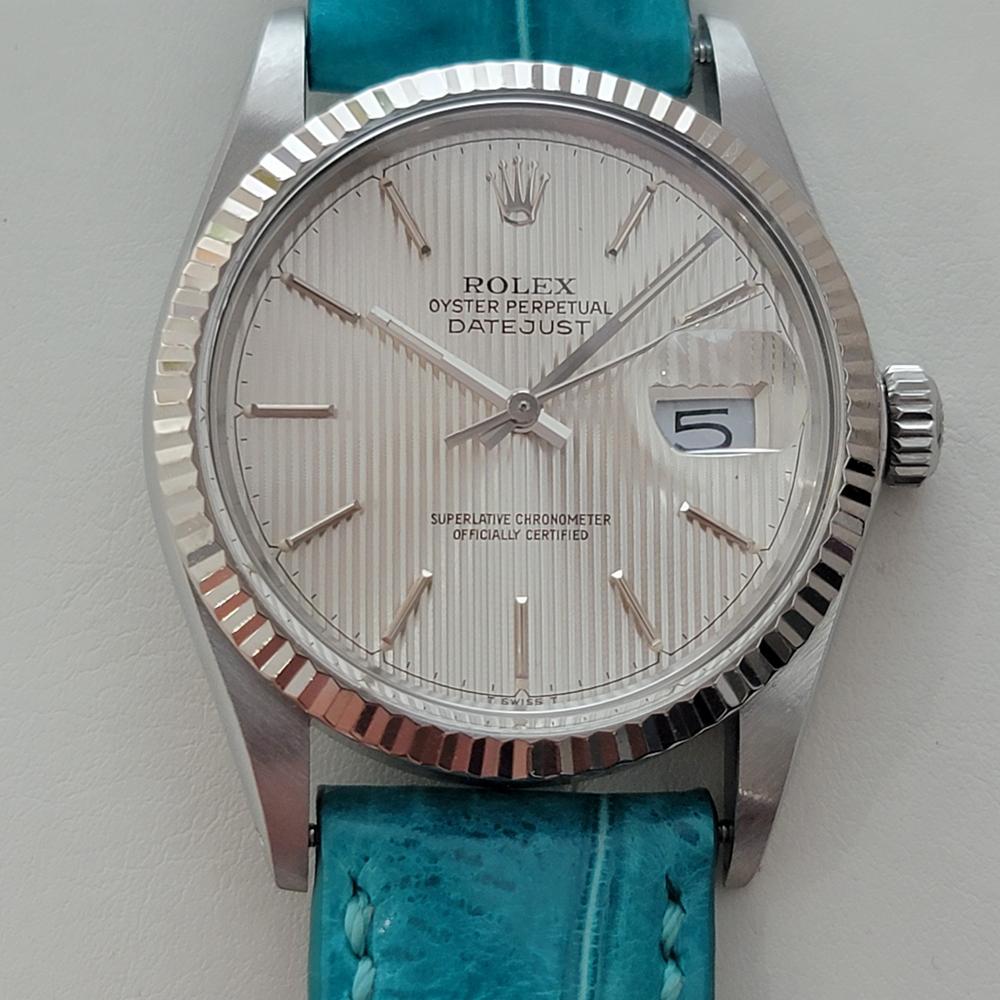 Timeless icon, Men's Rolex Oyster Perpetual Ref. 16014 Datejust automatic with unique tapestry dial, c.1987, in excellent working condition. Verified authentic by a master watchmaker. Rolex signed tapestry dial, applied baton index hour markers,