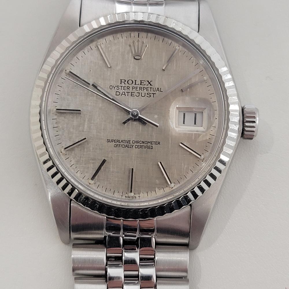 An iconic classic from Rolex, Men's 18k white gold and stainless steel Oyster Perpetual Datejust Ref.16014 automatic, c.1979, all original, in excellent working condition. Verified authentic by a master watchmaker. Gorgeous Rolex signed rare linen