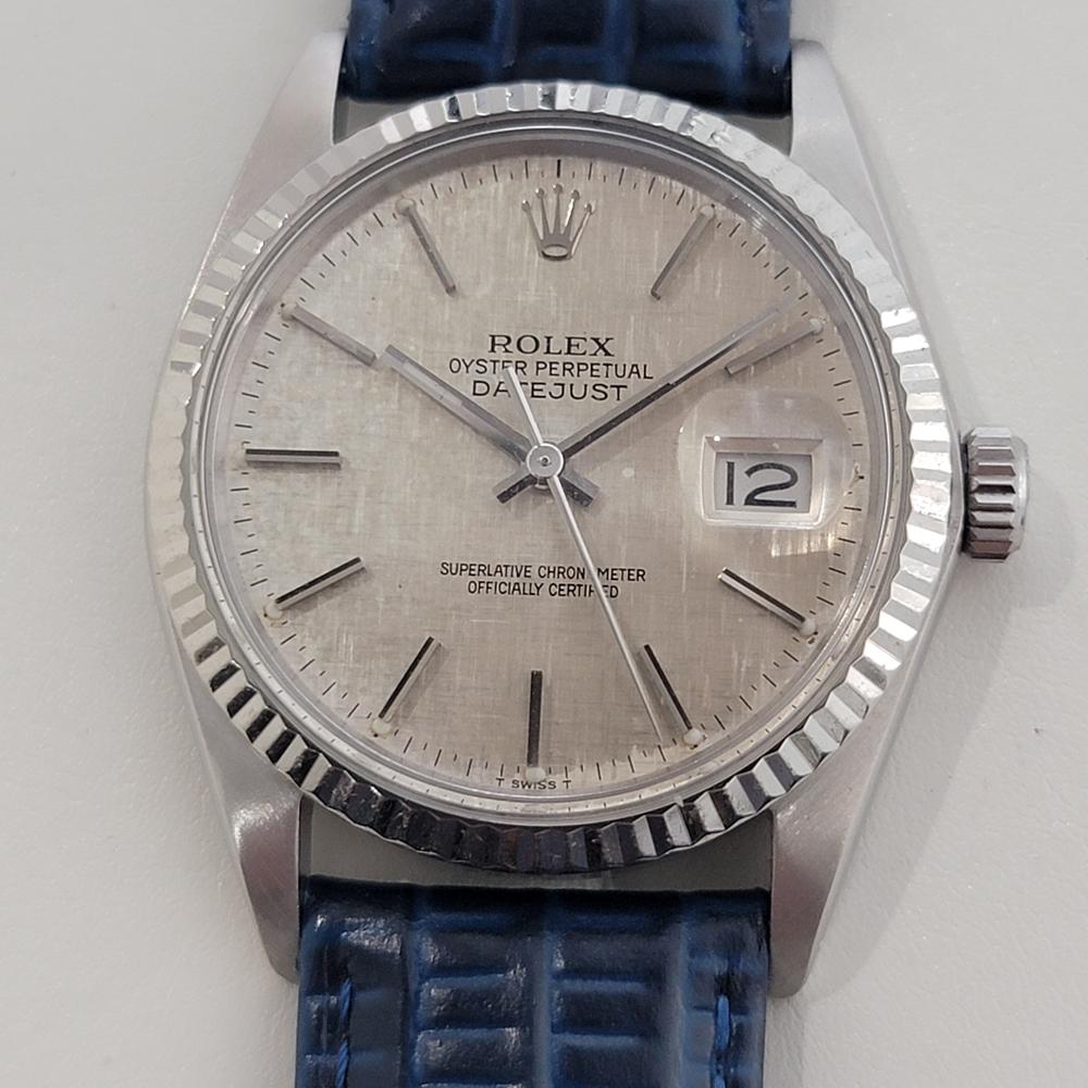 Timeless icon, Men's Rolex 18k white gold and stainless steel Oyster Perpetual Datejust Ref.16014 automatic, c.1979, in excellent working condition. Verified authentic by a master watchmaker. Gorgeous Rolex signed rare linen dial, applied baton