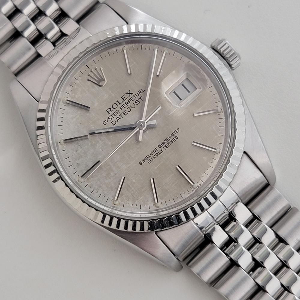 Mens Rolex Datejust 16014 36mm 18k SS Linen Dial Automatic 1970s Vintage RA483 In Excellent Condition In Beverly Hills, CA