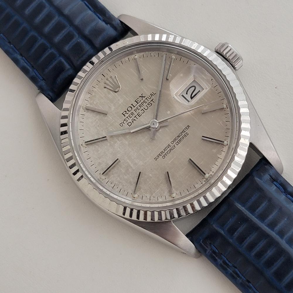 Mens Rolex Datejust 16014 36mm 18k SS Linen Dial Automatic 1970s Vintage RA483 In Excellent Condition In Beverly Hills, CA