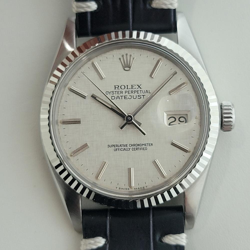 Iconic classic, Men's 18k white gold and stainless steel Rolex Oyster Perpetual Datejust Ref.16014 automatic, c.1981, in excellent working condition. Verified authentic by a master watchmaker. Gorgeous, iconic Rolex signed linen dial, applied baton