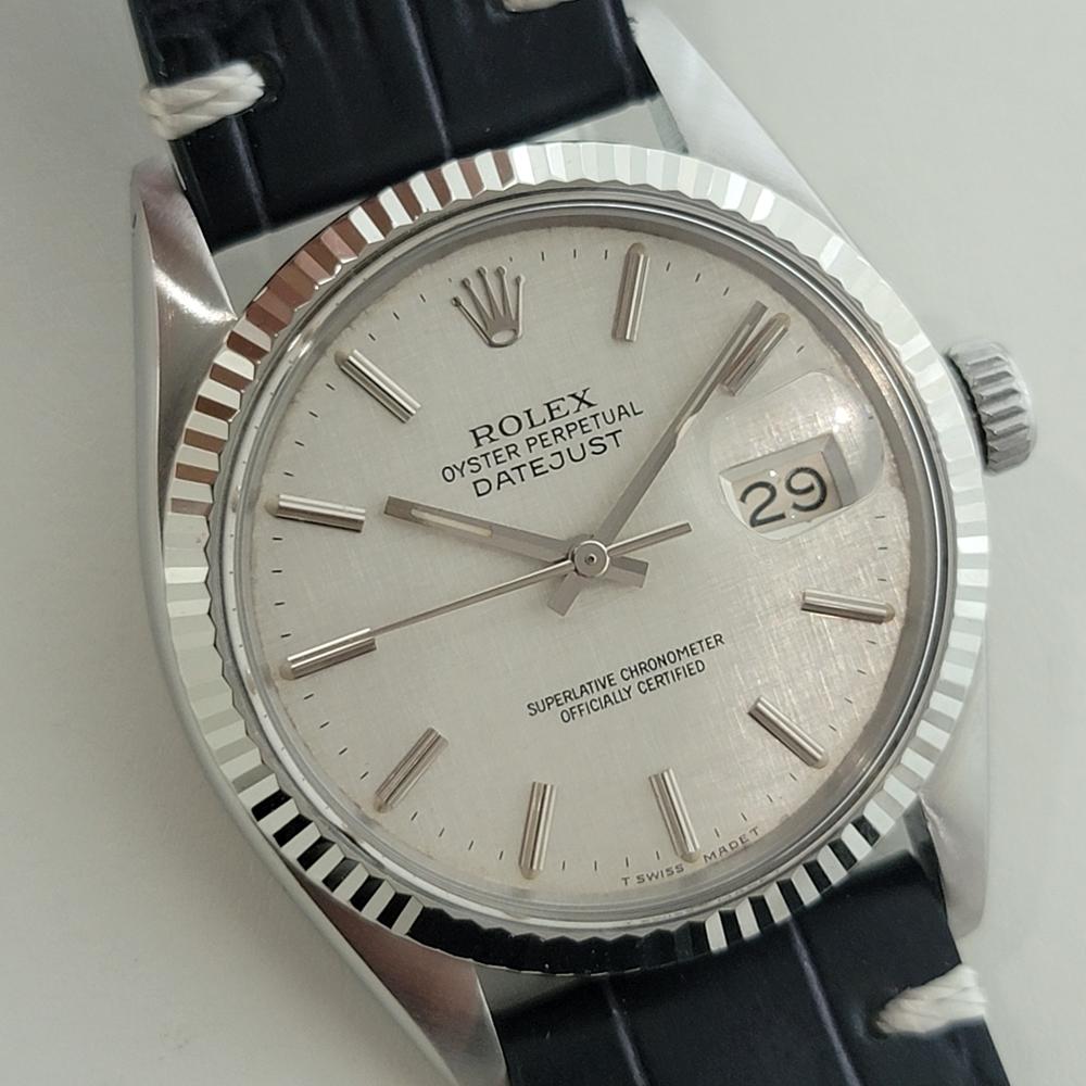 Mens Rolex Datejust 16014 36mm 18k SS Linen Dial Automatic 1980s Vintage RA491 In Excellent Condition In Beverly Hills, CA