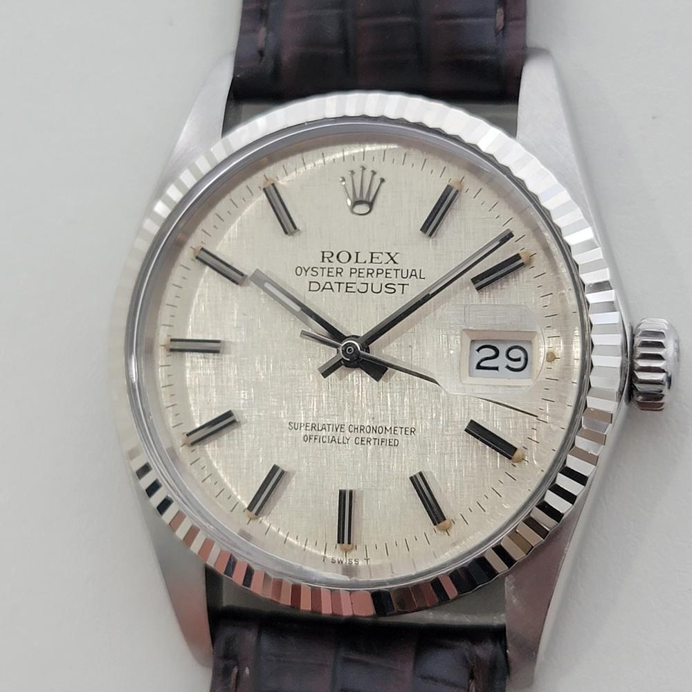 Iconic classic, Men's 18k white gold and stainless steel Rolex Oyster Perpetual Datejust Ref.16014 automatic, c.1981, in excellent working condition. Verified authentic by a master watchmaker. Gorgeous, iconic Rolex signed linen dial, applied baton