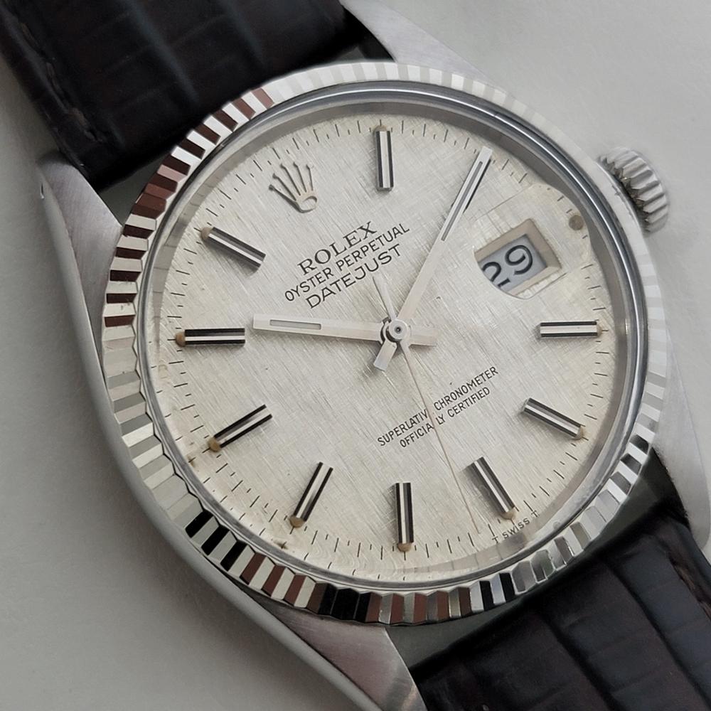 Mens Rolex Datejust 16014 36mm 18k SS Linen Dial Automatic 1980s Vintage RA519 In Excellent Condition For Sale In Beverly Hills, CA