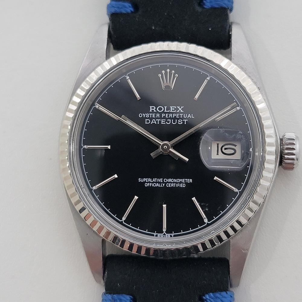 Timeless classic, Men's 18k white gold and stainless steel Rolex Oyster Perpetual Datejust Ref.16014 automatic, c.1979, in excellent working condition. Verified authentic by a master watchmaker. Gorgeous Rolex signed black dial, applied baton index