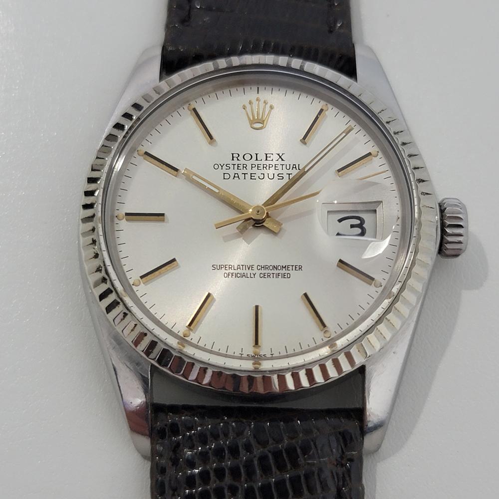 An icon, Men's Rolex Oyster Perpetual Datejust Ref.16014 automatic in 18k white gold and stainless steel, c.1982. Verified authentic by a master watchmaker. Gorgeous Rolex signed silver dial, applied indice hour markers, gilt minute and hour hands,