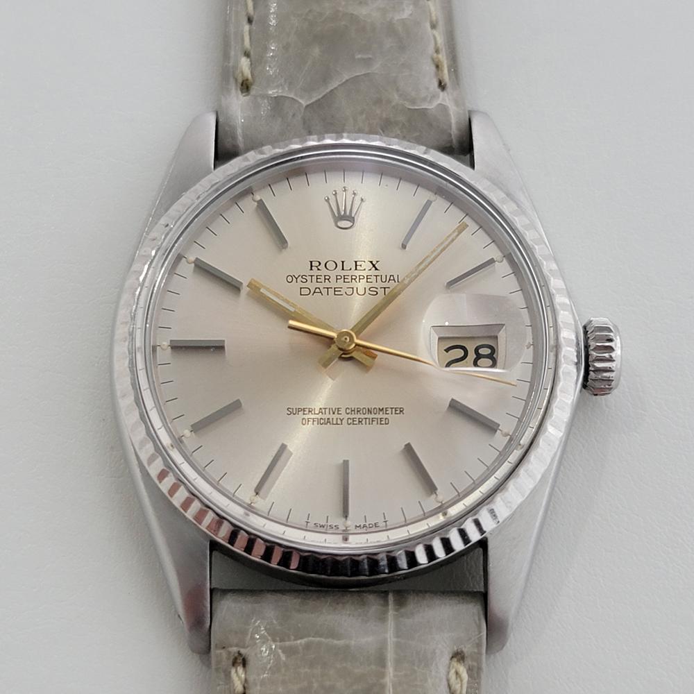 Timeless icon, Men's Rolex Oyster Perpetual Datejust Ref.16014 automatic in 18k white gold and stainless steel, c.1970s. Verified authentic by a master watchmaker. Gorgeous Rolex signed silver dial, applied indice hour markers, gilt minute and hour