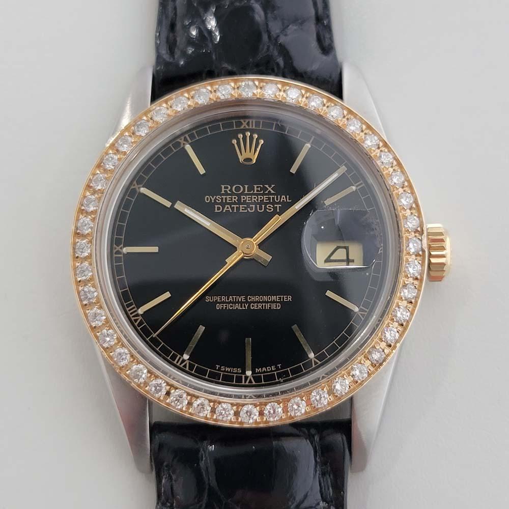 Timeless luxury, Men's rare model Rolex Oyster Perpetual Datejust Ref.16030 automatic with gorgeous aftermarket diamond set bezel, c.1980s. Verified authentic by a master watchmaker. Exquisite, Rolex signed, black dial, applied indice hour markers,